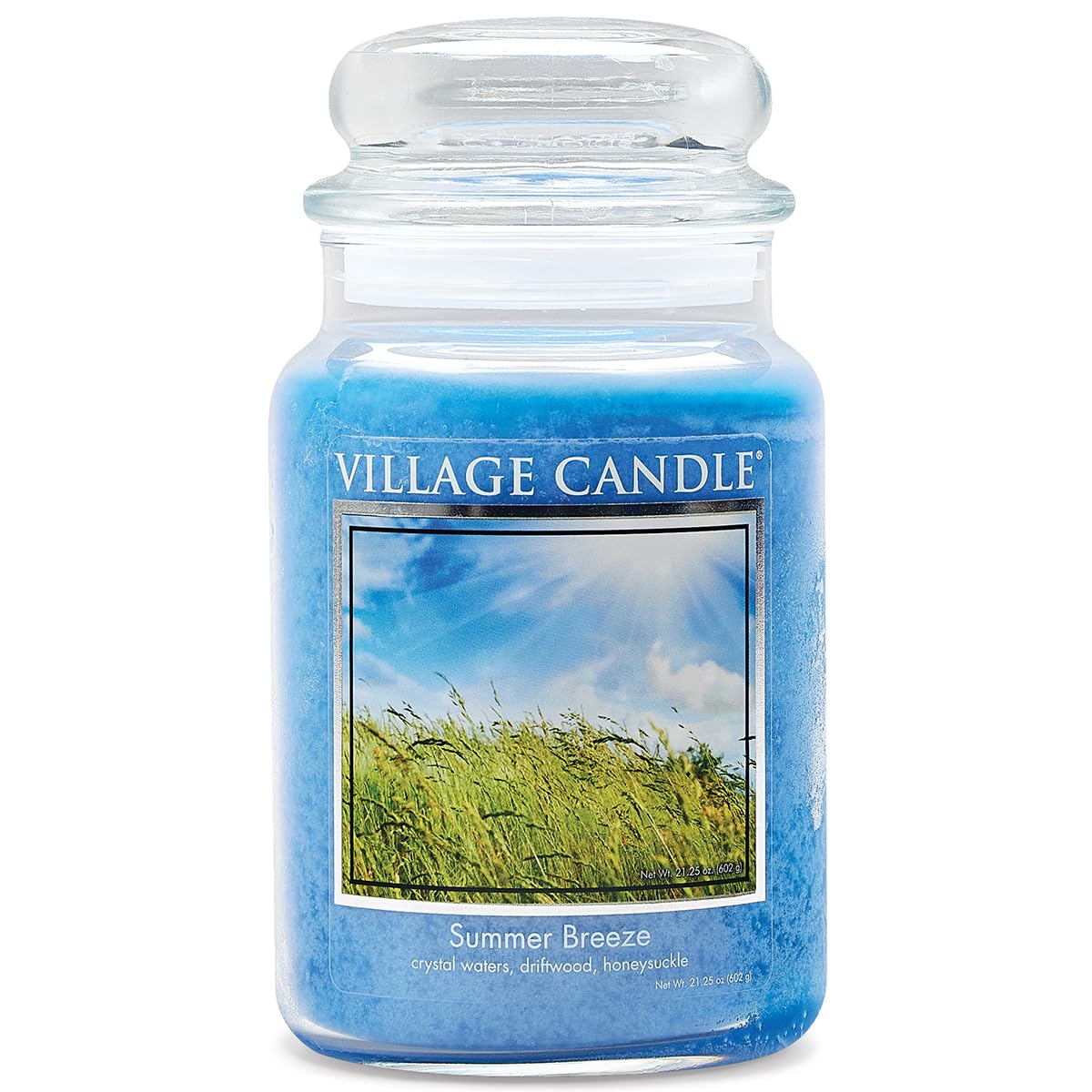 Village Candle Summer Breeze large glass jar in ocean blue for a cozy living room ambiance.