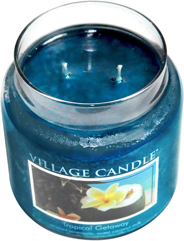 Village Candle Tropical Getaway fragrance note close-up with crushed pineapple and coconut aroma.