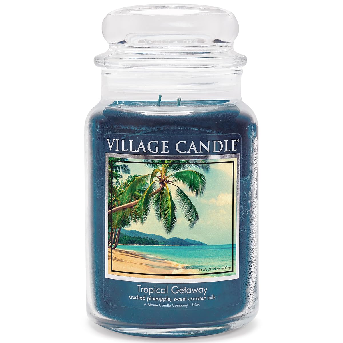 Village Candle Tropical Getaway jar front view for a vibrant coastal ambiance.