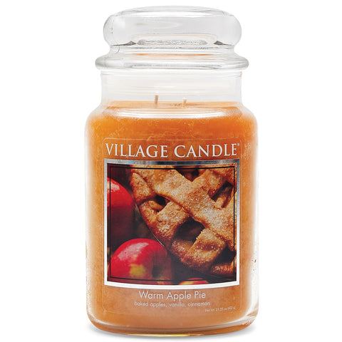 Village Candle Warm Apple Pie apothecary jar emits cozy autumn aromas.