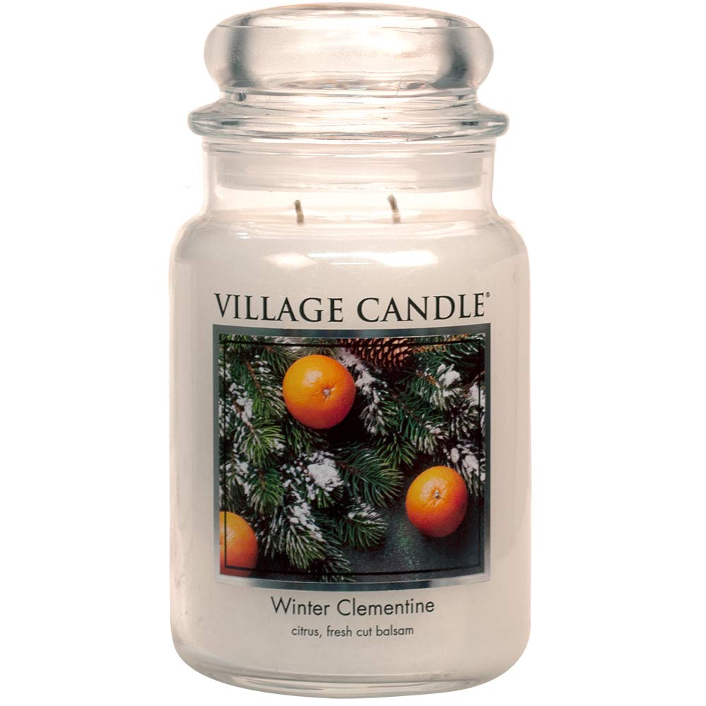 Village Candle Winter Clementine jar front view, inviting scent for cozy living spaces.