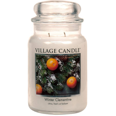 Village Candle Winter Clementine jar front view, inviting scent for cozy living spaces.