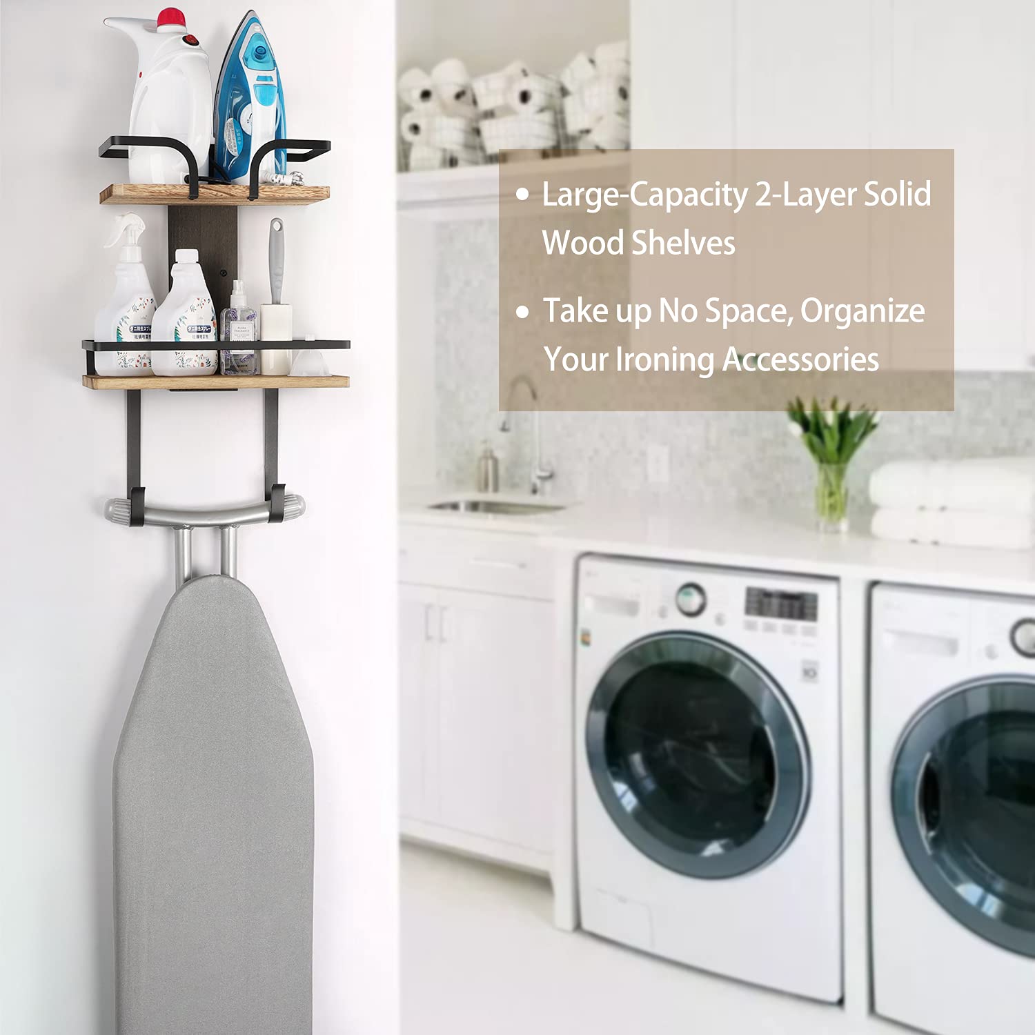 VINAEMO ironing board and iron storage setup illustrating organized laundry space.