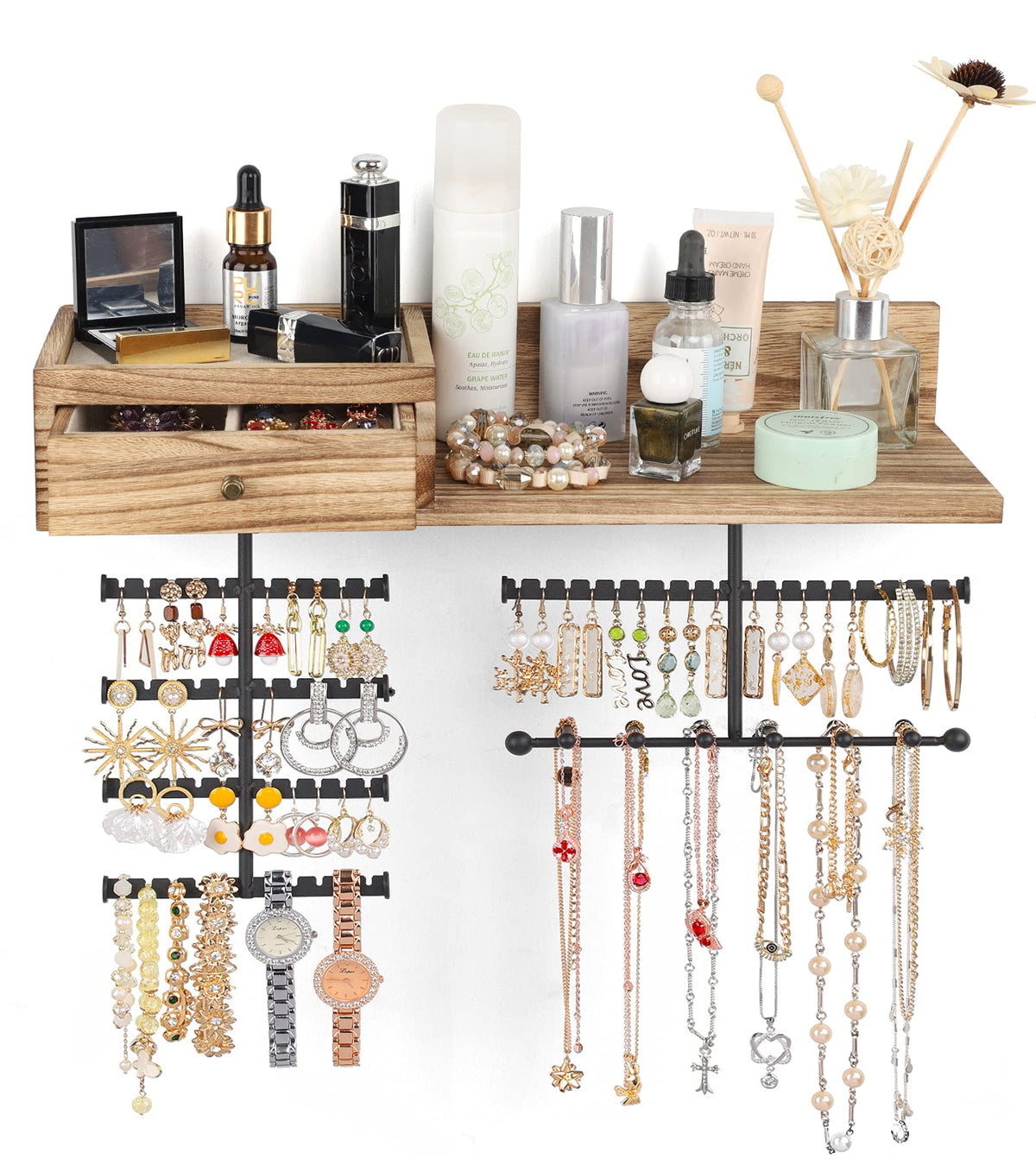 VINAEMO jewelry organizer wall-mounted with rustic finish for quick access to accessories.