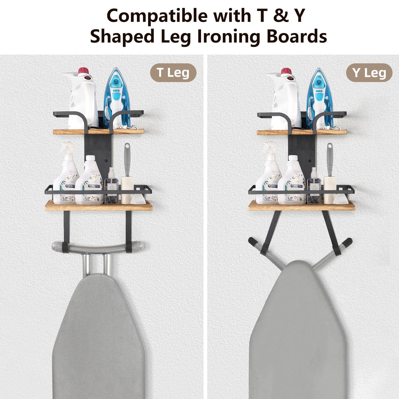 VINAEMO two-layer storage panel with expanded shelves for irons and accessories.