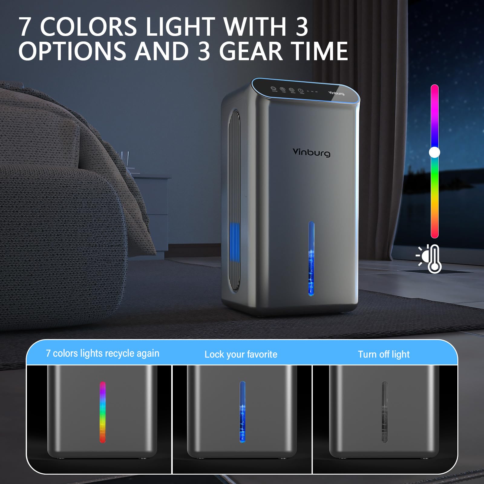 Vinburg 7-color LED night-light dehumidifier adds ambient glow.