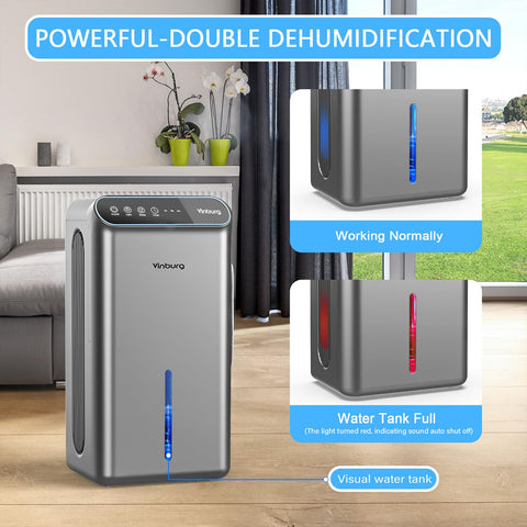 Vinburg dual-drainage dehumidifier with auto-shut-off for safe long-term use.