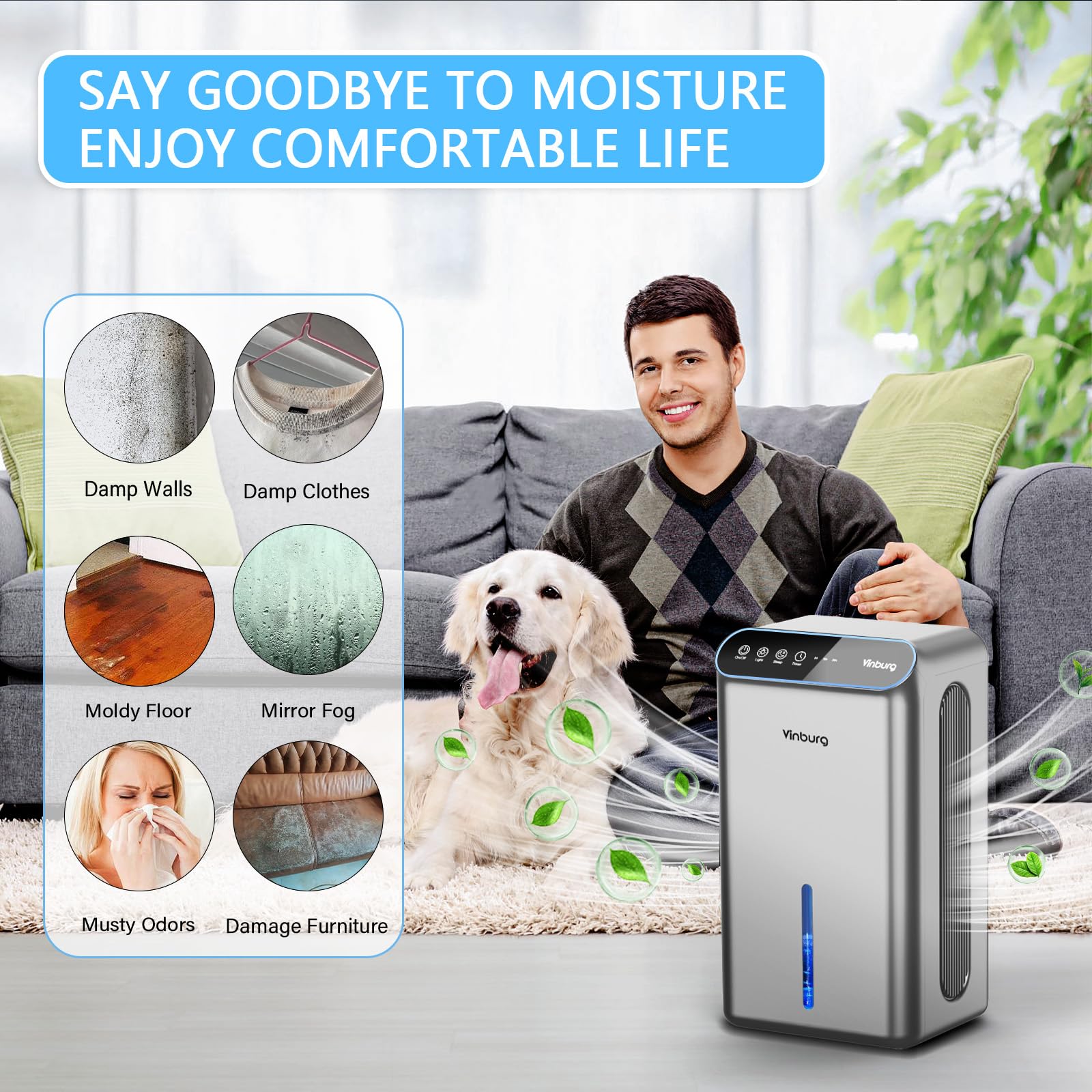 Vinburg portable-design dehumidifier easy to move between rooms.