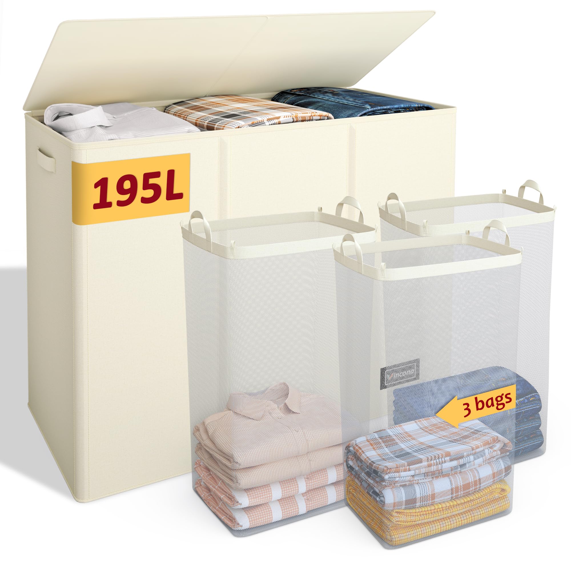 Vincona 195L laundry hamper 3-section with ample capacity for family sorting.