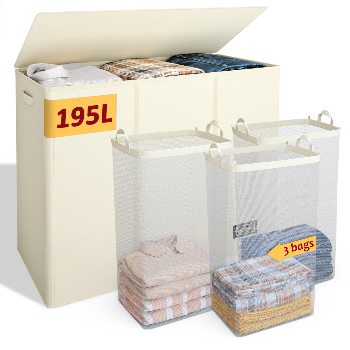 Vincona 195L laundry hamper 3-section with ample capacity for family sorting.