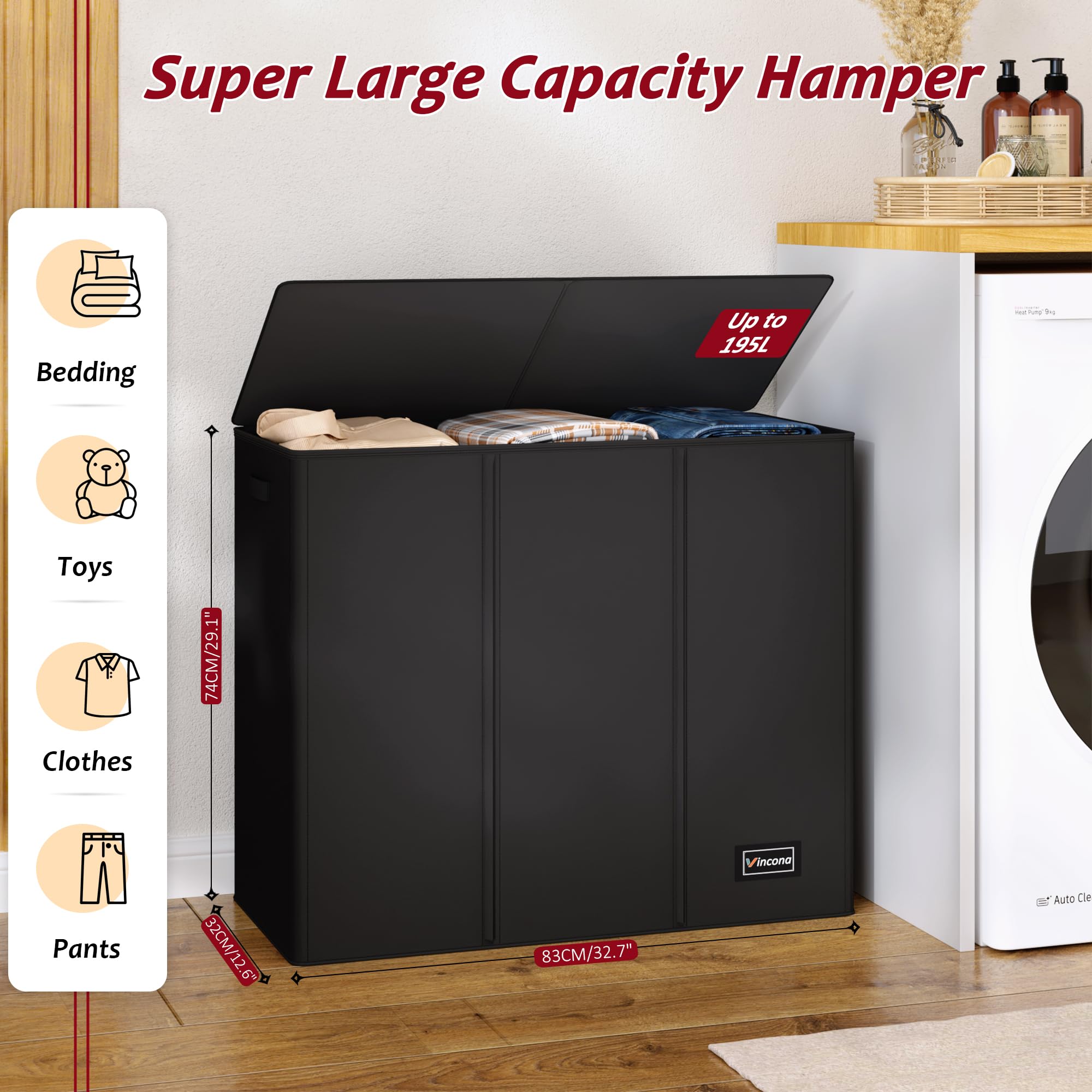 Vincona 3-compartment hamper with lid conceals laundry and keeps odors at bay