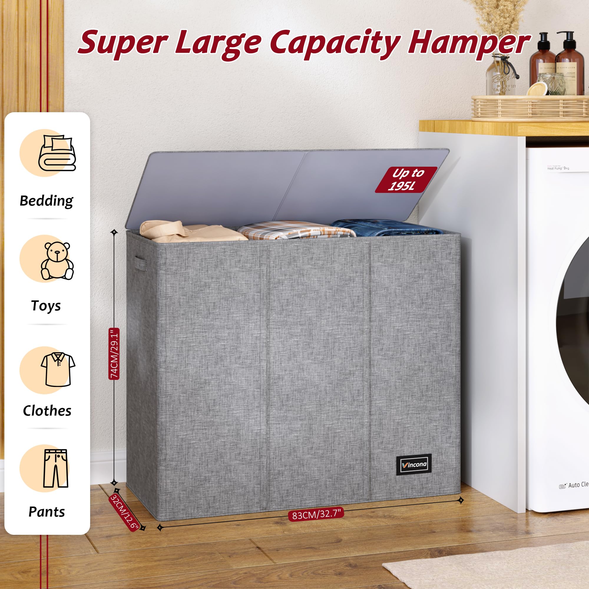 Vincona three-compartment hamper designed for easy sorting of clothes