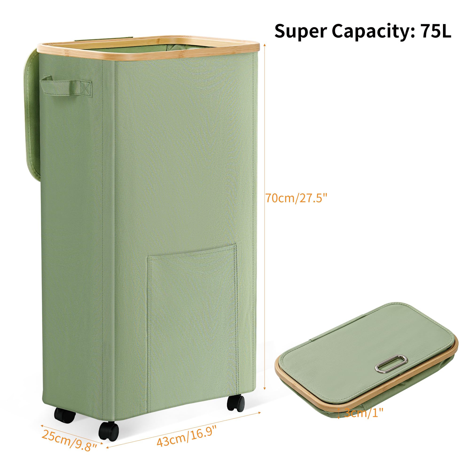 Vincona 75L sage green laundry basket with ample storage space.