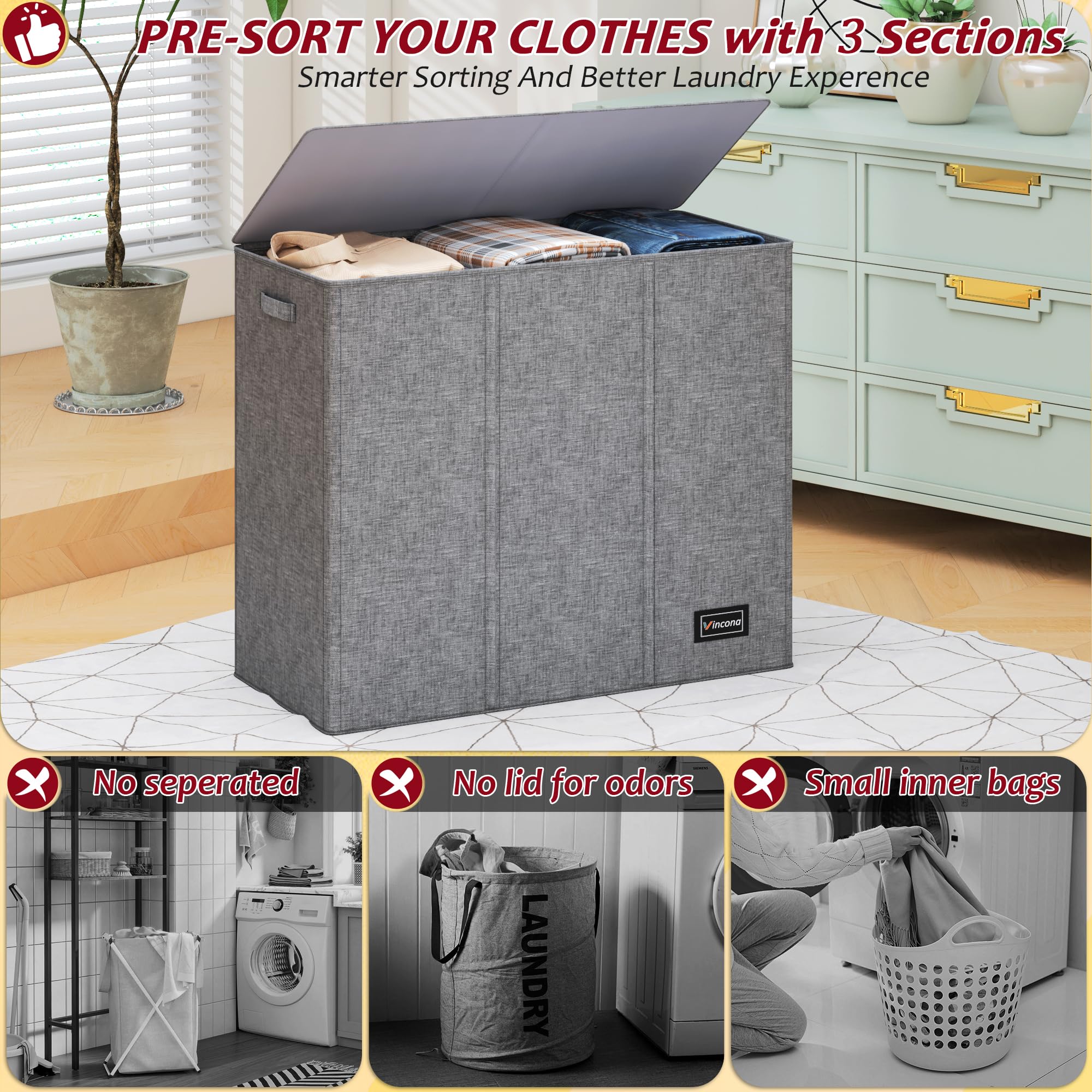 Vincona collapsible laundry basket for space-saving storage in a closet or room
