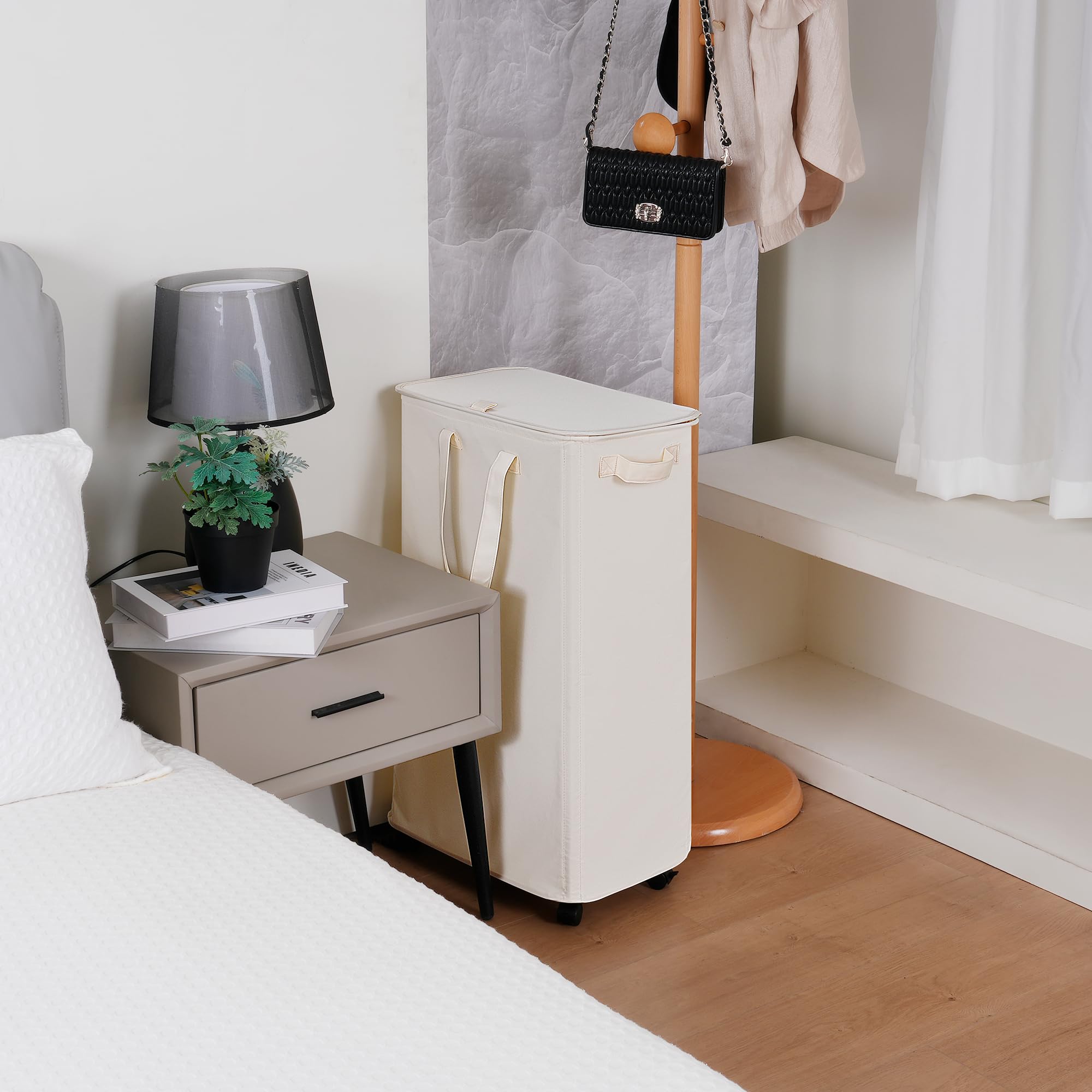 Vincona slim laundry hamper corner-fit design saves space in tight bathrooms or dorm rooms.