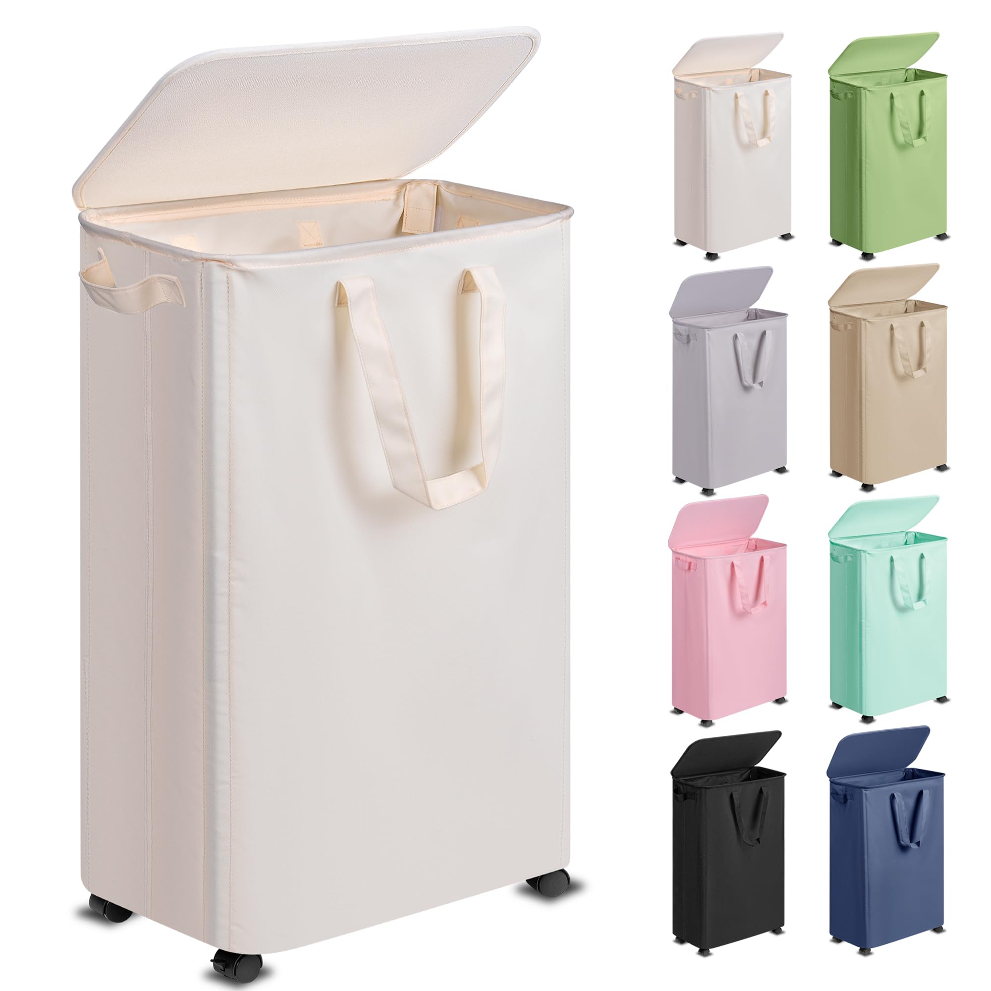 Vincona slim laundry hamper with lid and wheels for easy transport and odor containment.