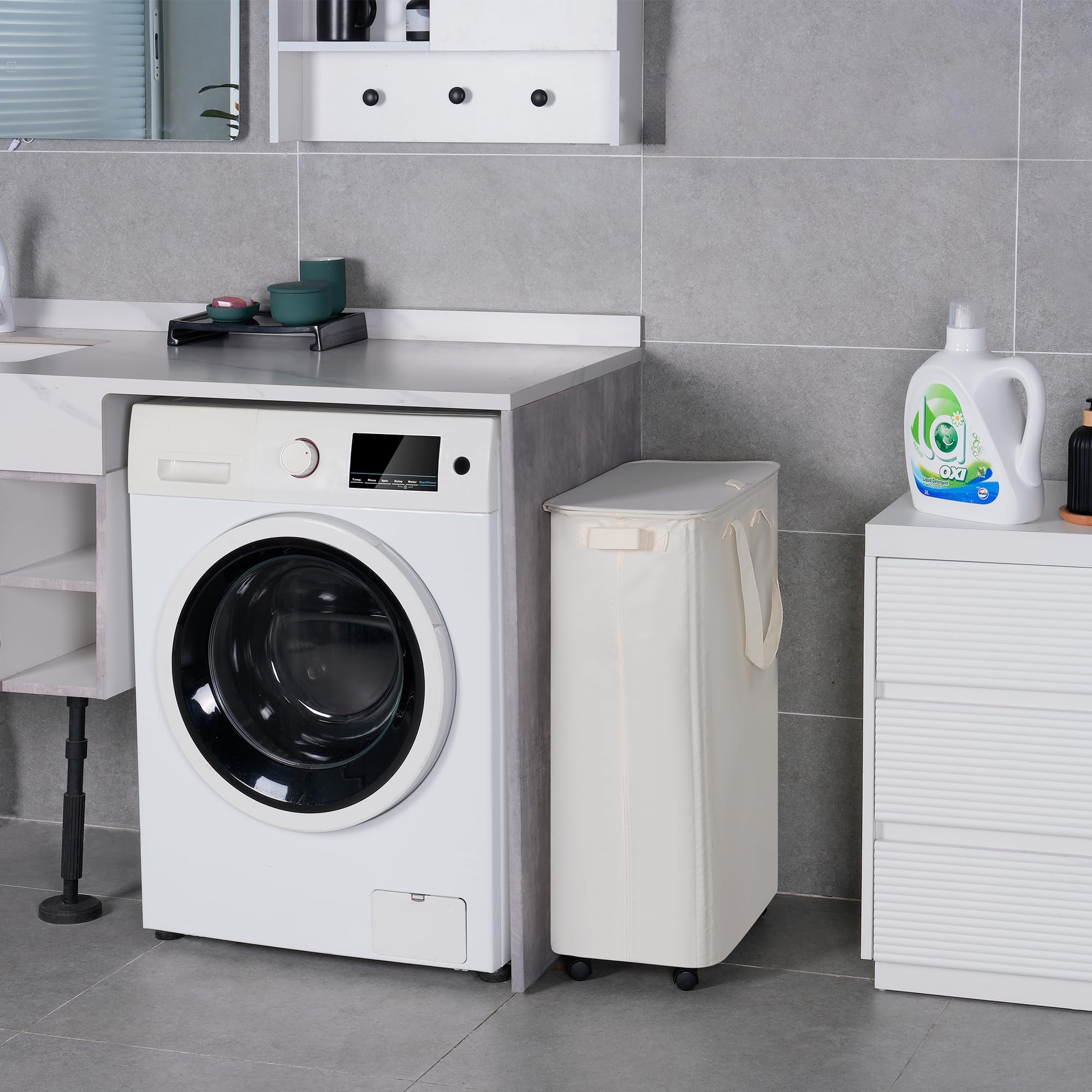 Vincona slim hamper with lid keeps laundry out of sight for neat spaces.