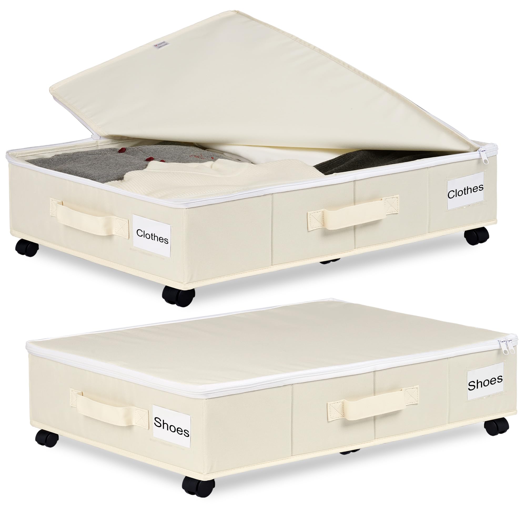 Vincona under-bed storage with wheels and beige cover, for easy sliding under furniture.