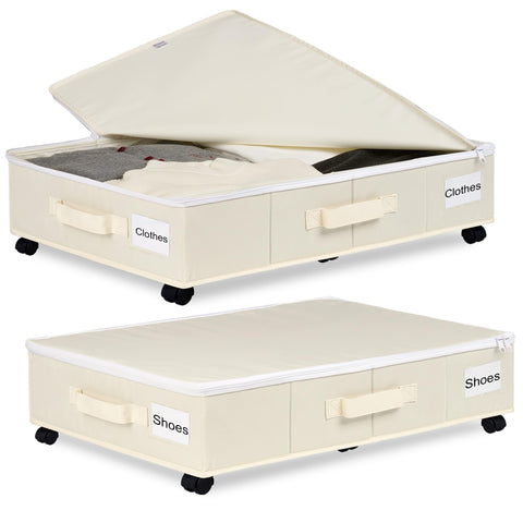 Vincona under-bed storage with wheels and beige cover, for easy sliding under furniture.
