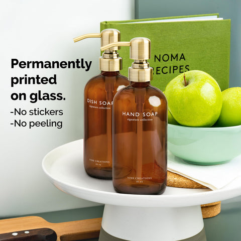 Vine Creations 16oz glass dispenser designed for tidy dish or hand soap storage.