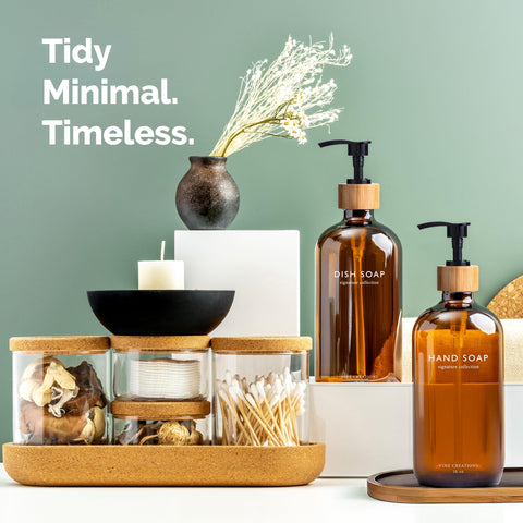 Dish soap dispenser on tray adds functional, stylish kitchen organization.