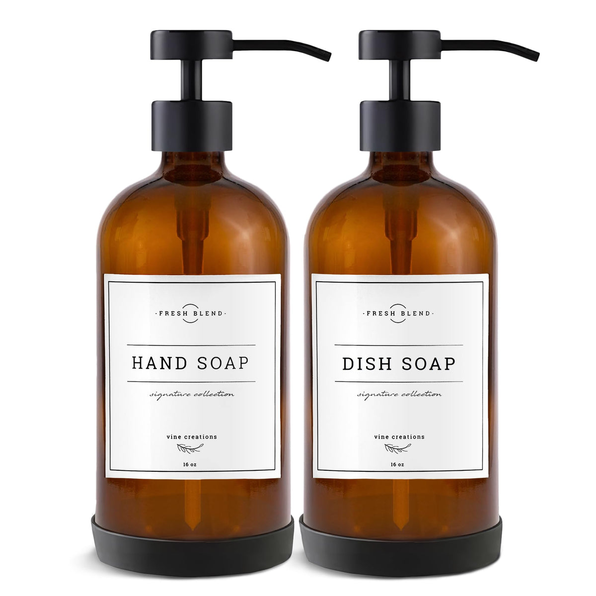 Vine Creations amber glass soap dispensers set for kitchen and bath, organized and elegant.