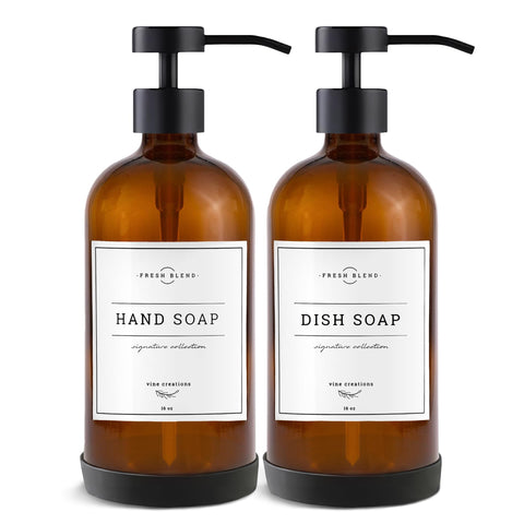 Vine Creations amber glass soap dispensers set for kitchen and bath, organized and elegant.