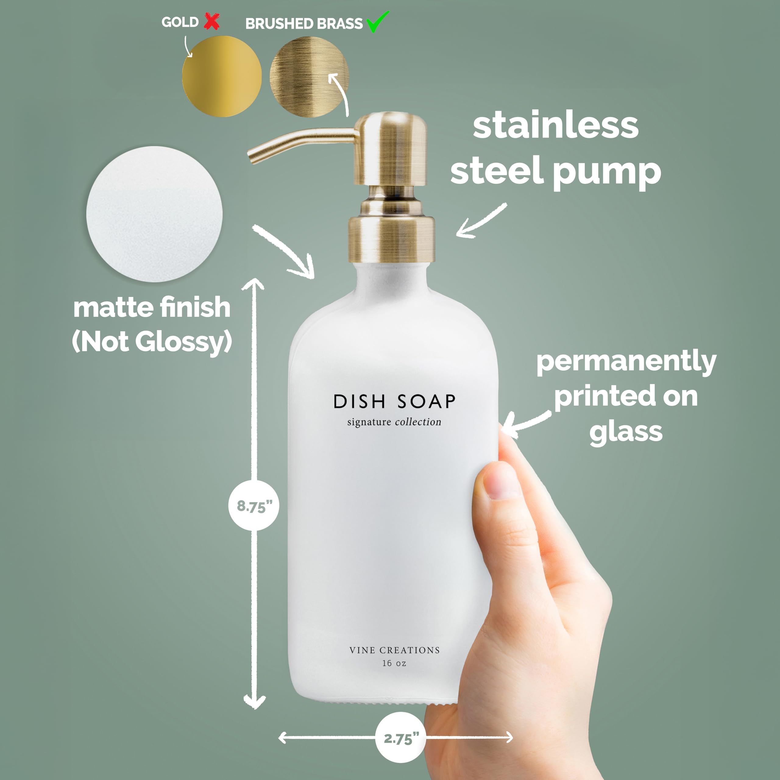 Closeup of the brushed brass pump on Vine Creations dispenser