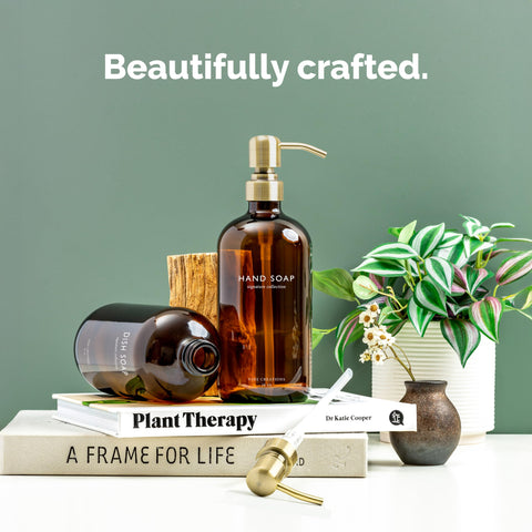 Vine Creations brushed-brass pump on a durable glass dispenser for daily use.