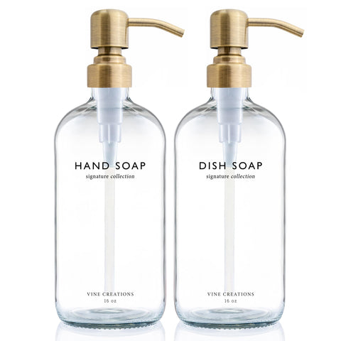 Vine Creations clear glass soap dispenser bottle elevating kitchen counter look.