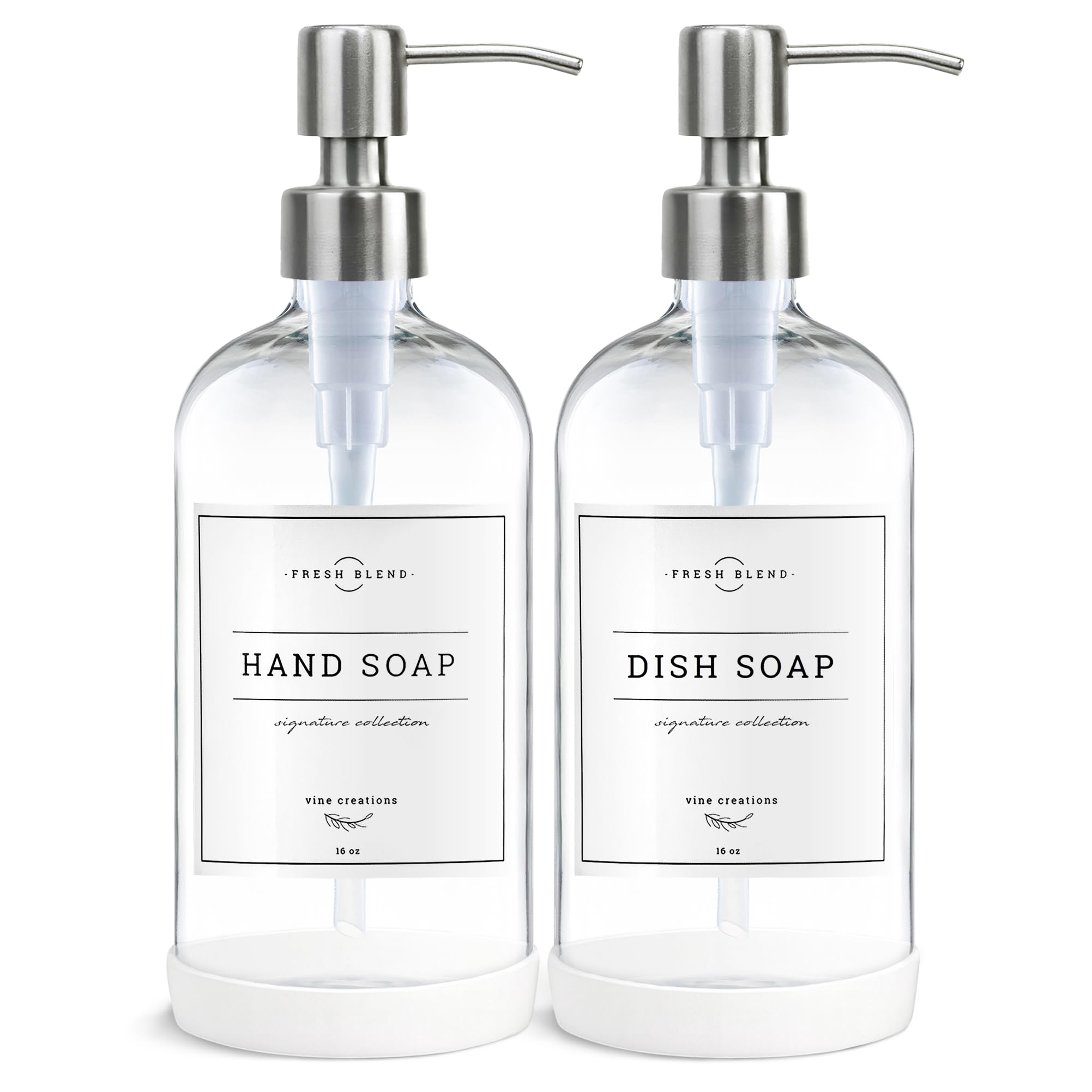 Vine Creations clear glass soap dispenser 2-pack on bright kitchen counter