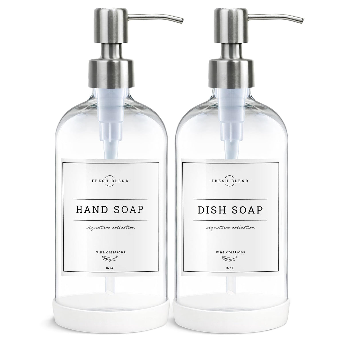 Vine Creations clear glass soap dispenser 2-pack on bright kitchen counter