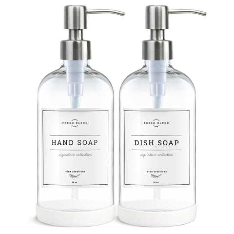Vine Creations clear glass soap dispenser 2-pack on bright kitchen counter