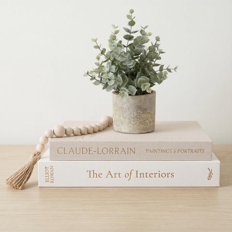 Vine Creations decorative books large box with linen texture and gold lettering for elegant shelf styling.