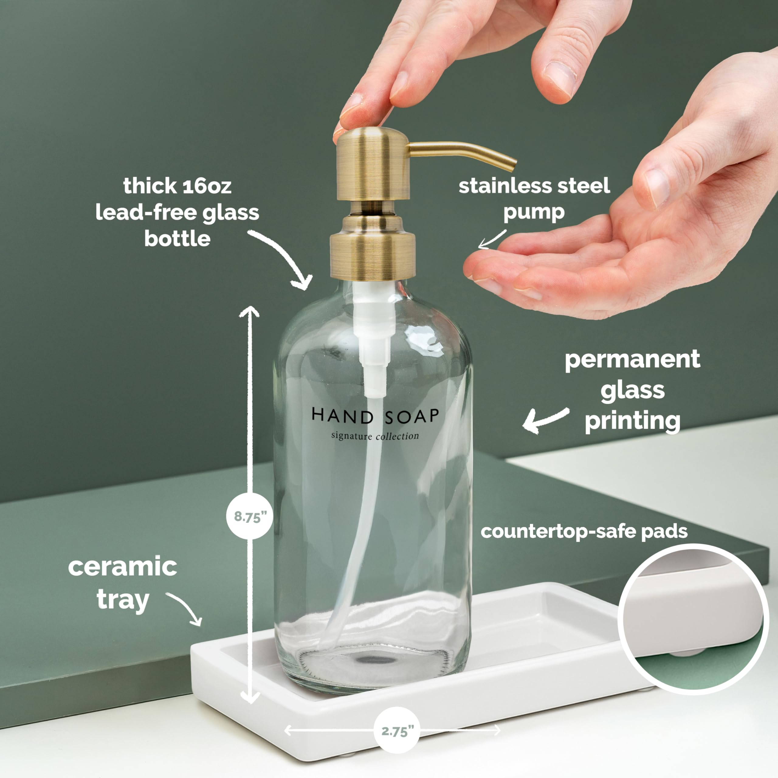 Vine Creations dish soap dispenser with clear bottle and sleek pump for easy dispensing.