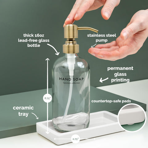Vine Creations dish soap dispenser with clear bottle and sleek pump for easy dispensing.