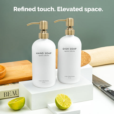 Gift-ready Vine Creations white glass dispenser set packaging
