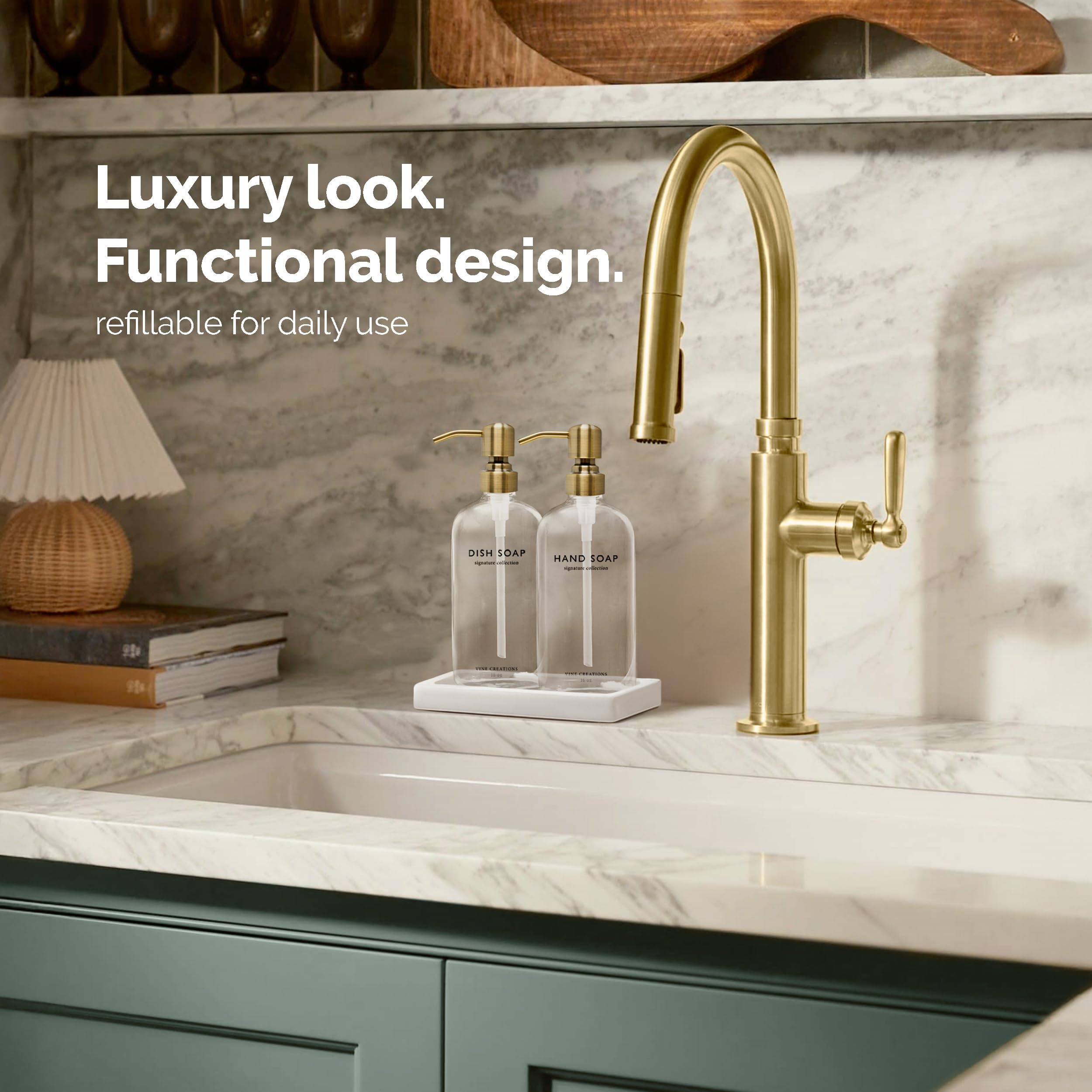 Vine Creations hand soap dispenser with clear bottle and durable pump for smooth refills.