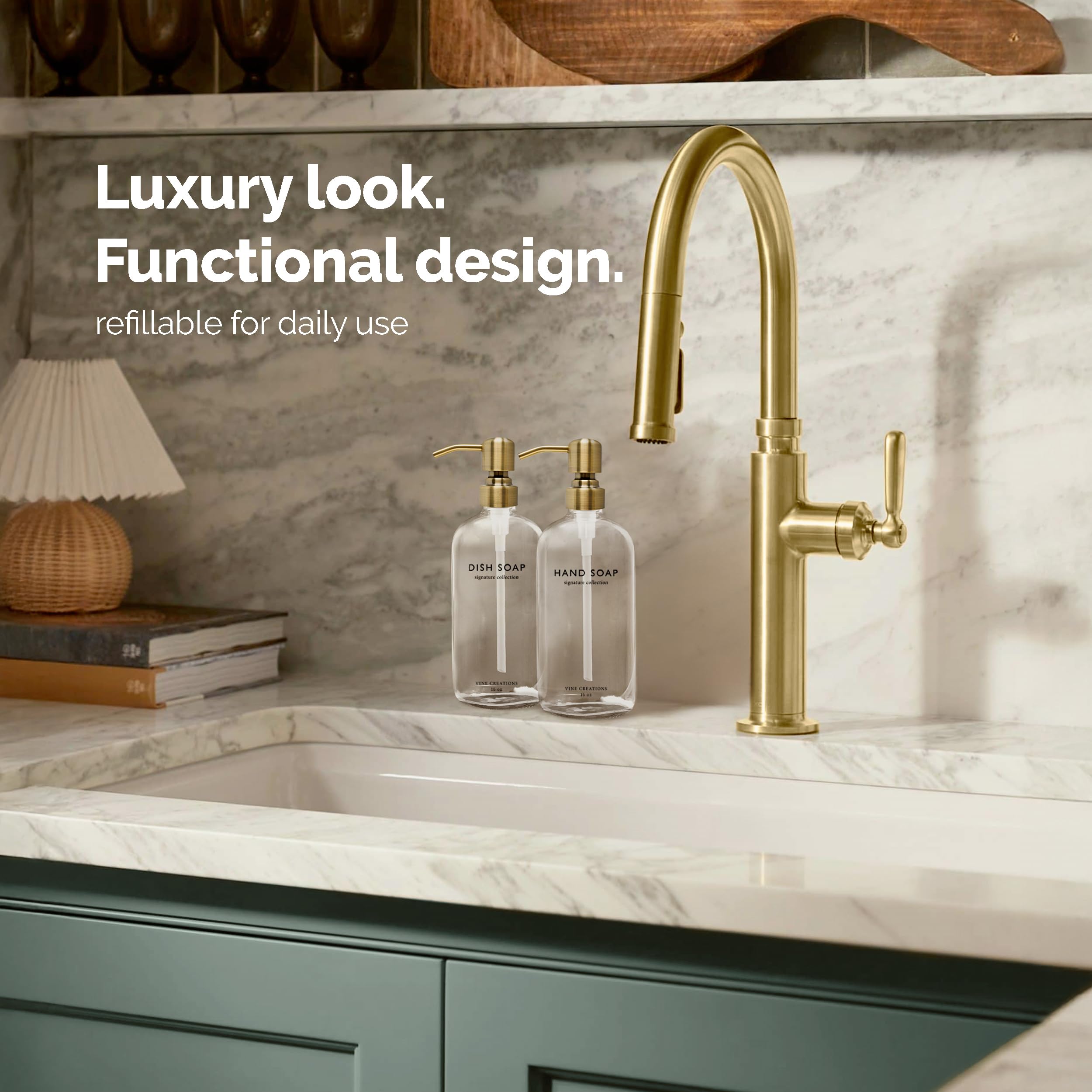 Vine Creations hand soap dispenser on counter for sink organization.