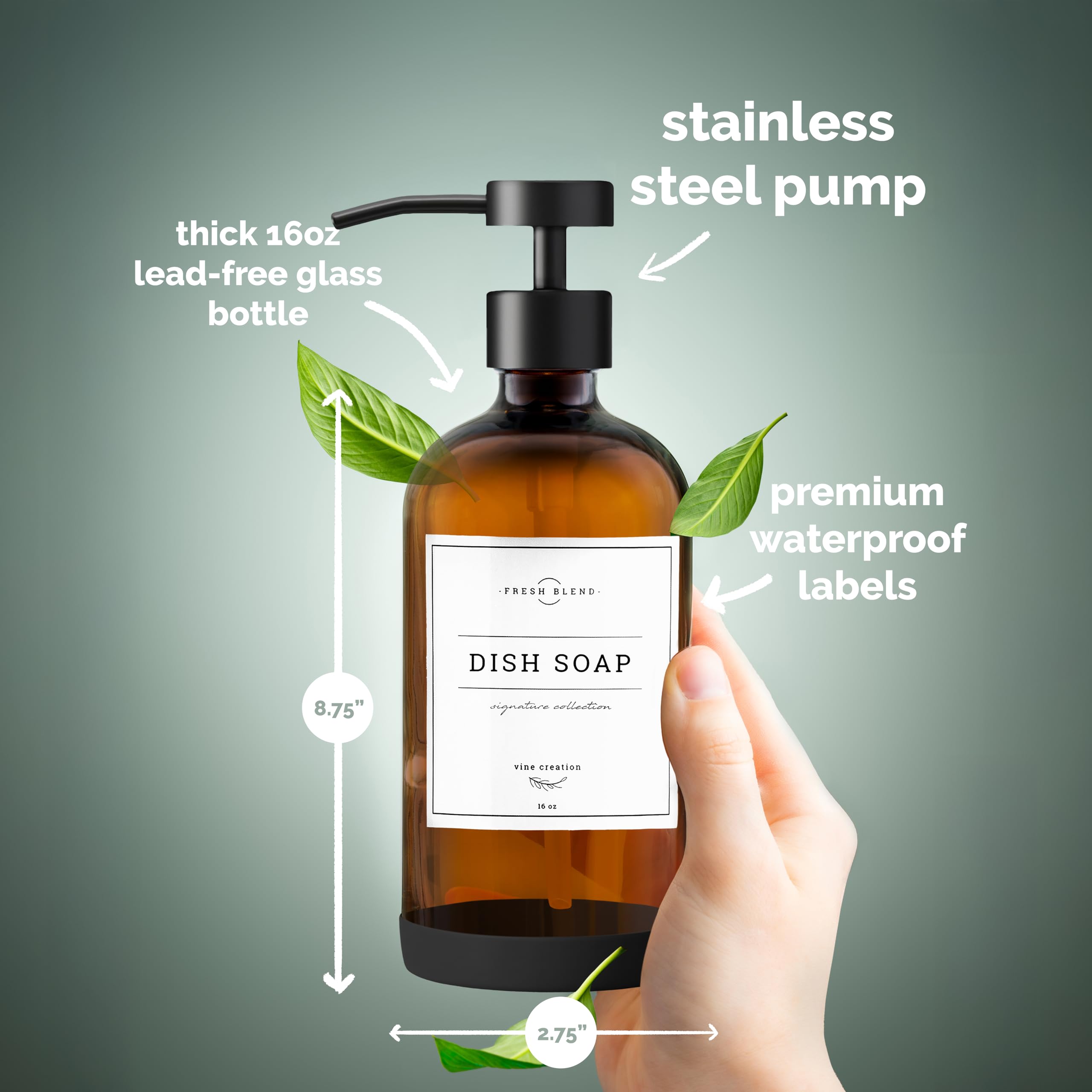 Vine Creations 16 oz refillable bottles suit daily kitchen or bath use.