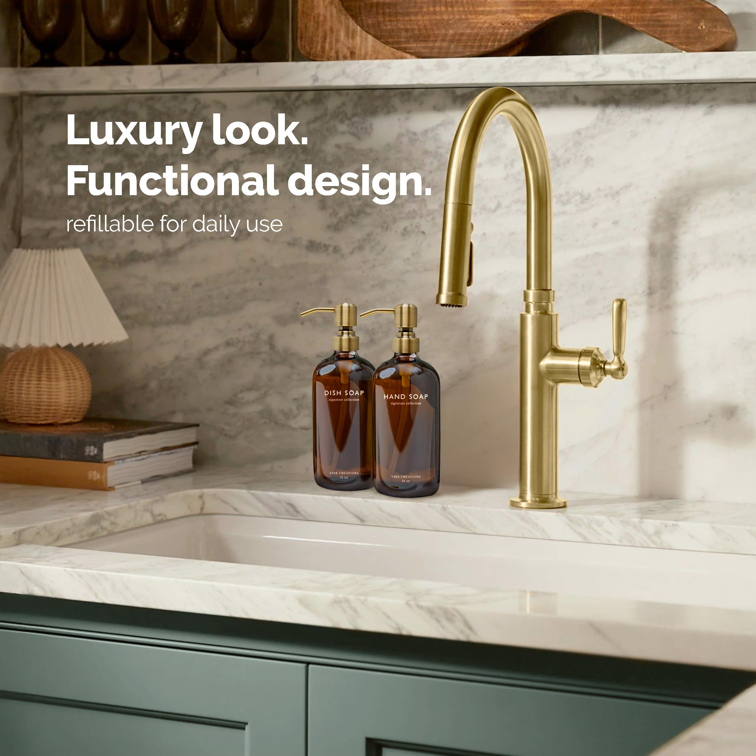 Kitchen-countertop Vine Creations dispenser adding organized décor and easy soap access.