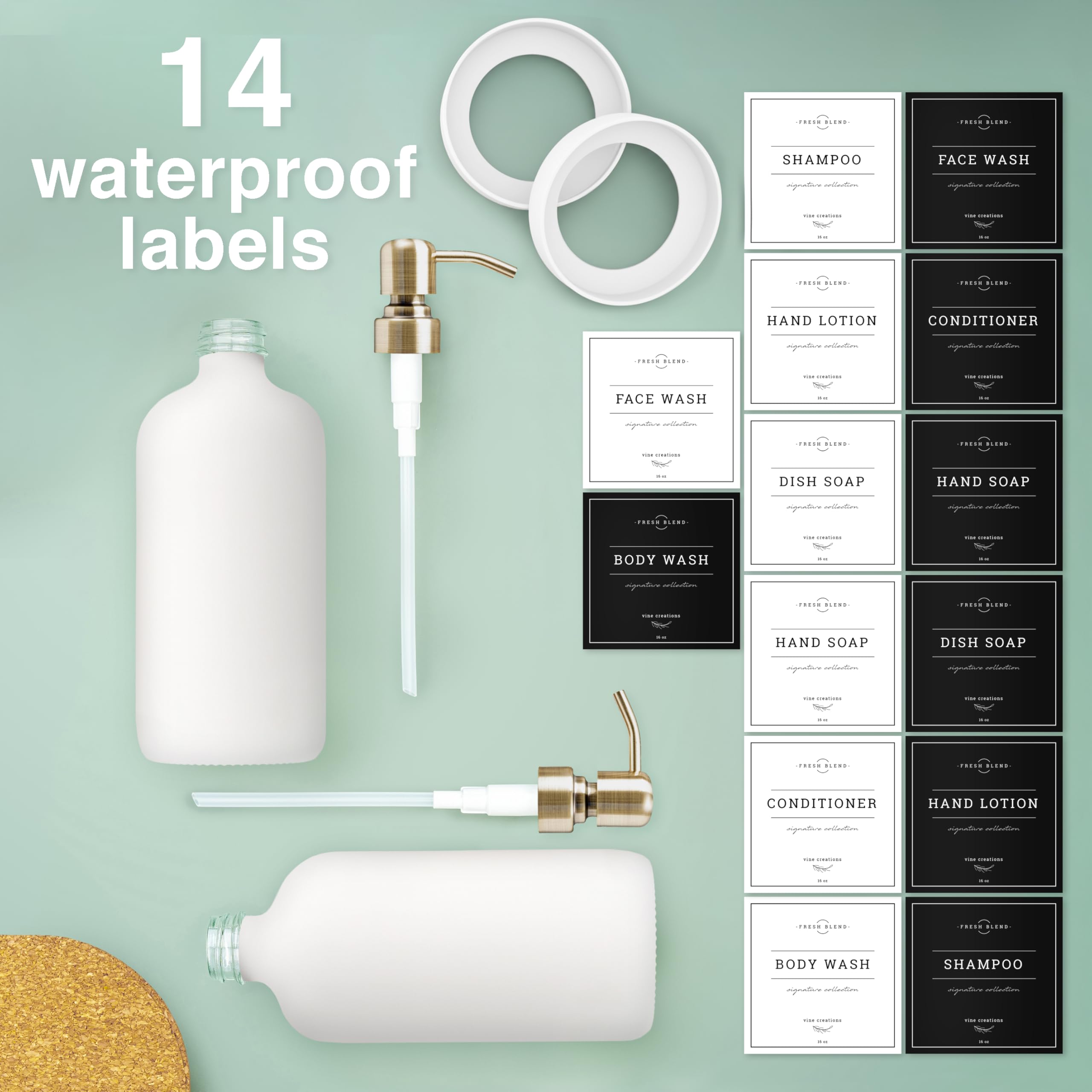 Collection of waterproof labels from Vine Creations for soap and shampoo bottles