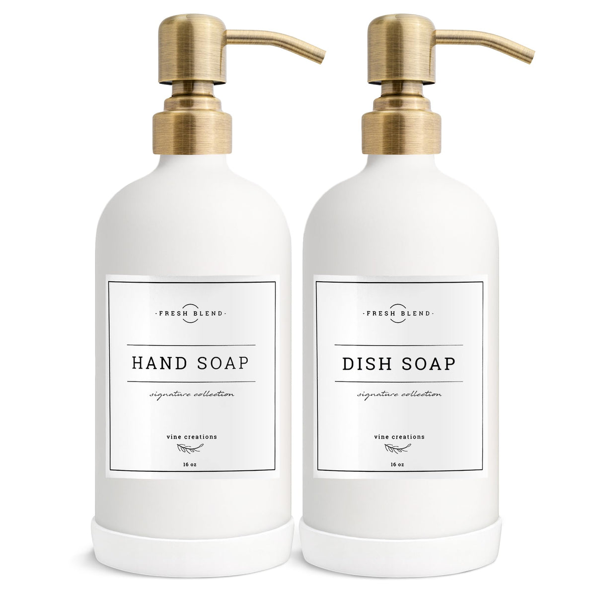 Vine Creations white glass soap dispenser with stainless steel pump, close-up on kitchen use