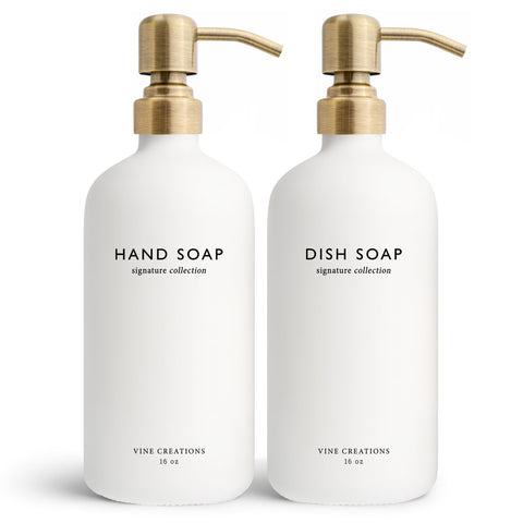 Vine Creations white glass soap dispenser set, front view, durable kitchen decor