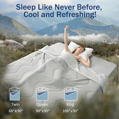 Vine Voice cooling blanket on a nightstand beside a fan illustrates hot-sleeper use