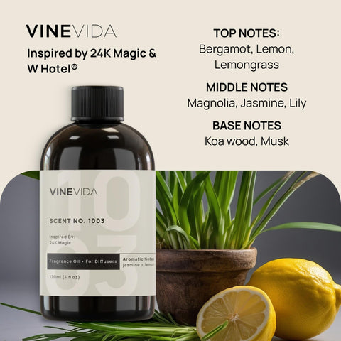 VINEVIDA No.1003 diffuser bottle in diffuser demonstrates long-lasting scent for all-day presence.