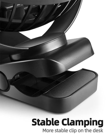 Viniper clip-on fan showing 360° rotation for flexible airflow.