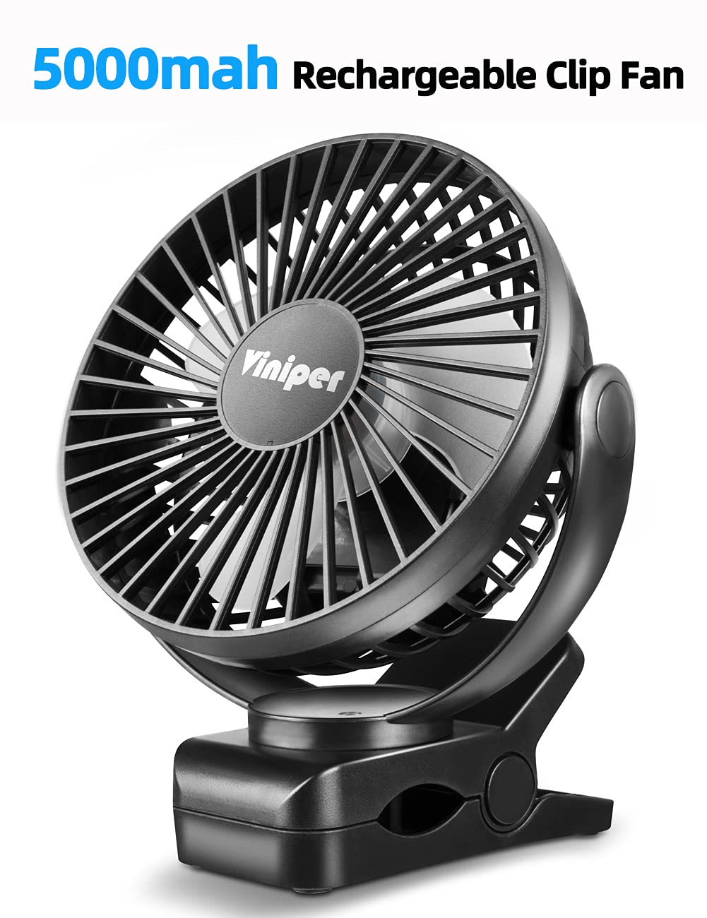 Viniper clip-on fan with 5000mAh battery for long-lasting cooling.