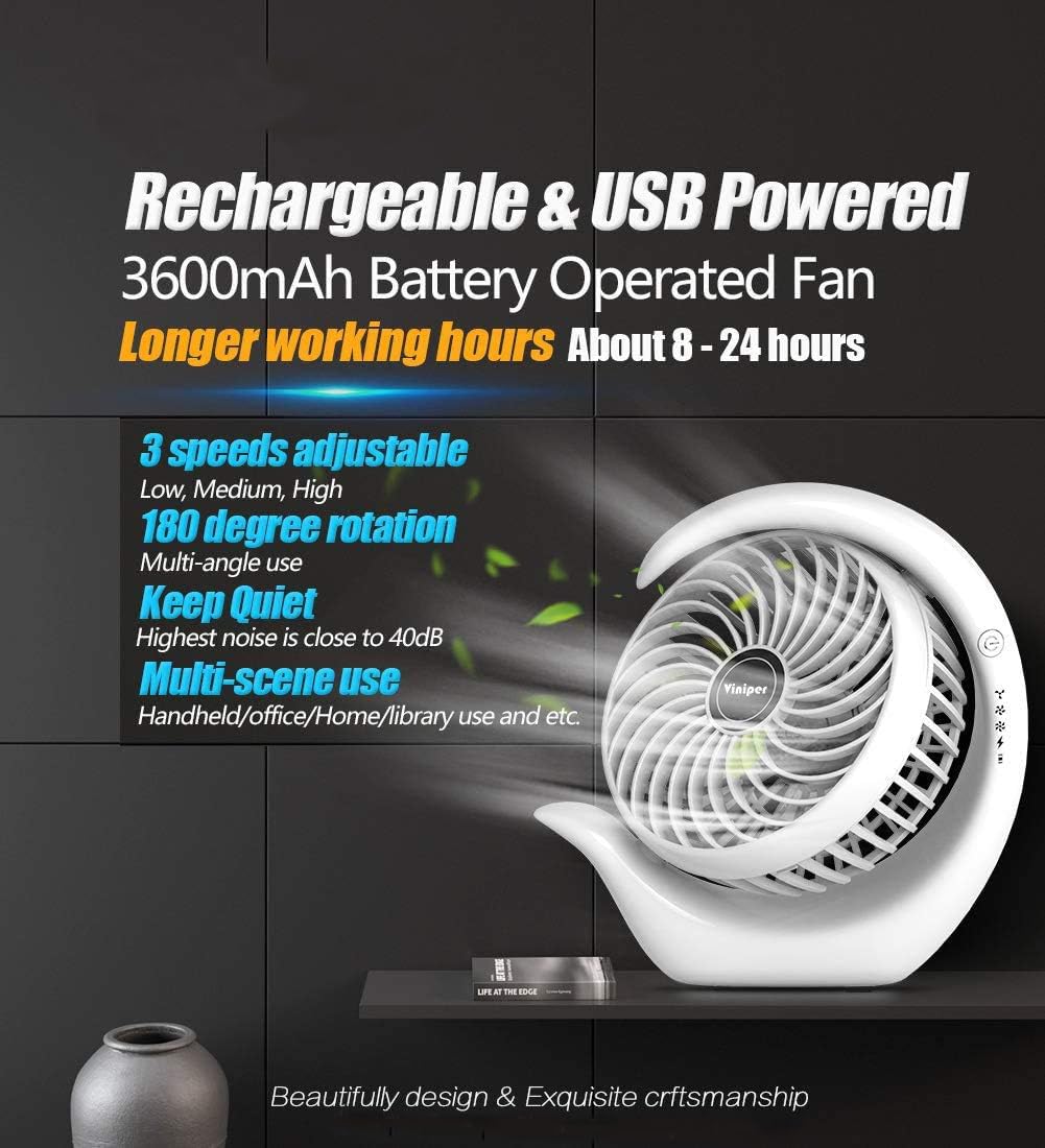 Viniper 6.2-inch fan showing USB charging port for convenient power.