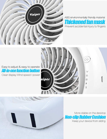 Viniper portable desk fan powered by a brushless motor for long-lasting performance.